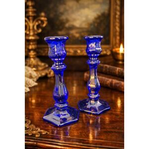 Mosser Glass Cobalt Blue 7.5" candlesticks pair